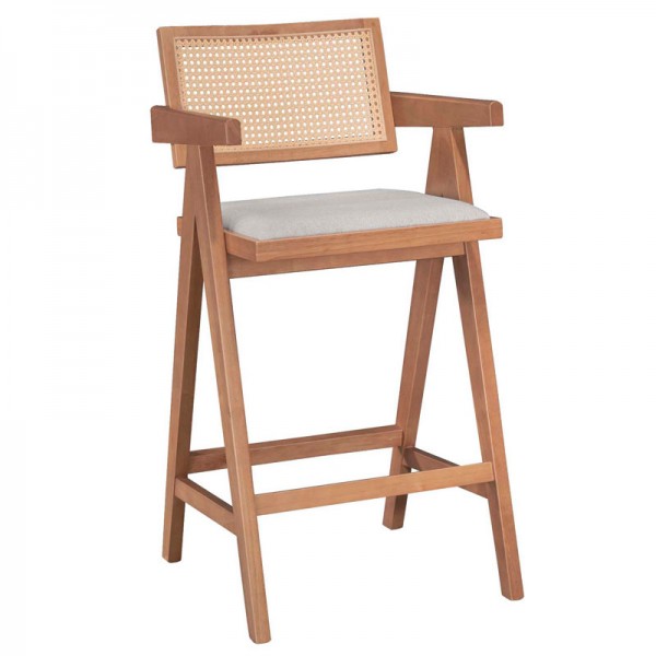 Σκαμπό bar Winslow pakoworld ξύλο rubberwood ανοικτό καρυδί-pvc rattan φυσικό-ύφασμα γκρι