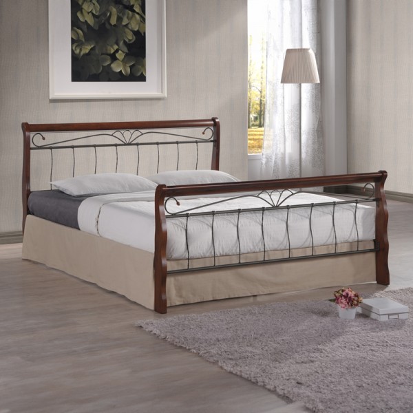 Κρεβάτι διπλό Verpen pakoworld καρυδί rubberwood-μαύρο μέταλλο 150x190εκ 330-000011