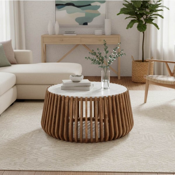 Τραπέζι σαλονιού Mable pakoworld mango ξύλο σε φυσική απόχρωση με επιφάνεια μαρμάρου Φ80x45εκ