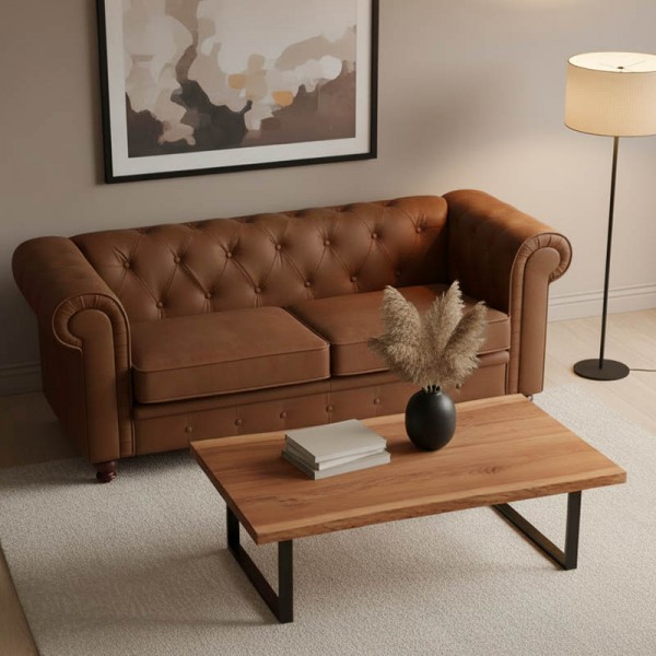 Τραπέζι σαλονιού Miles pakoworld μασίφ ξύλο ακακίας πάχους 3.7-4εκ σε καρυδί απόχρωση με μαύρα μεταλλικά πόδια 115x60x45εκ