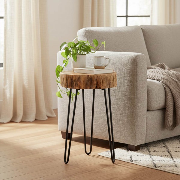 Βοηθητικό τραπέζι Tripp Ι pakoworld μασίφ ξύλο ακακίας σε φυσική απόχρωση-μαύρα μεταλλικά πόδια Φ32x47εκ