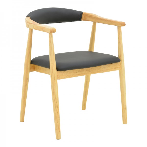 Πολυθρόνα Sandi pakoworld rubberwood σε φυσική απόχρωση με μαύρο pu μαξιλάρι 50x60x80εκ