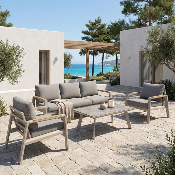 Σαλόνι κήπου Aeria pakoworld 4τεμ αλουμίνιο σε μπεζ απόχρωση - teak - ύφασμα γκρι