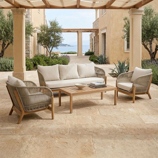 Σαλόνι εξωτερικού χώρου Verilan pakoworld μασίφ ξύλο ακακίας με σχοινί και μπεζ μαξιλάρια