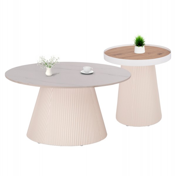 ΣΕΤ 2ΤΜΧ ΤΡΑΠΕΖΙΑ ΣΑΛΟΝΙΟΥ DUNCAN HM21082 MDF ΚΡΕΜ ΚΑΙ ΚΕΡΑΜΙΚΟ TOP Φ80εκ & Φ45εκ 9996855