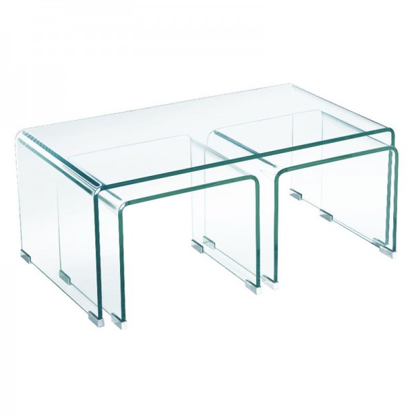 GLASSER Τραπεζάκια (1+2) Σαλονιού - Καθιστικού 90x50x38/40x36x32cm Διάφανο Γυαλί 12mm ΕΜ733