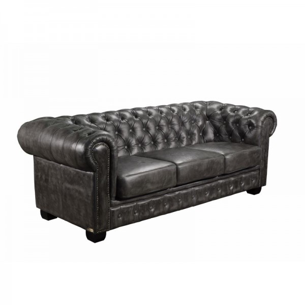CHESTERFIELD 689 Καναπές 3Θέσιος Σαλονιού - Καθιστικού, Δέρμα, 201x92x74cm Απόχρωση Antique Grey Ε9574,32