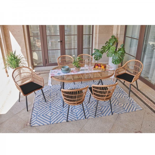 SALSA Τραπεζαρία Κήπου:Μέταλλο Βαφή Μαύρο-Wicker Φυσικό: 2 Πολυθρόνες+ 4 Καρέκλες+Τραπέζι Ε280,S