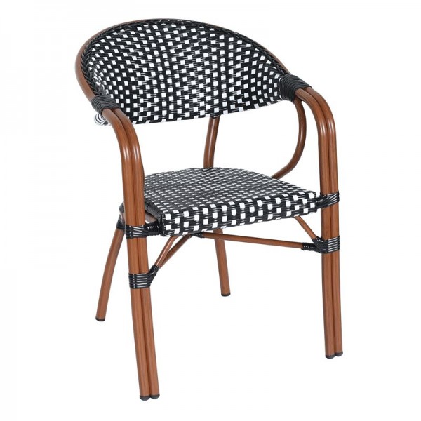 PARIS Πολυθρόνα Bistro Αλουμίνιο Καρυδί, 57x59x84cm Wicker Άσπρο - Μαύρο, Στοιβαζόμενη Ε258,5