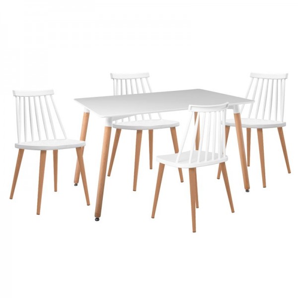 LAVIDA-ART Τραπεζαρία: Τραπέζι 120x80 Οξιά/MDF + 4 Table:120x80x73 Chair:43x48x77 Καρέκλες Μέταλλο Βαφή Φυσικό PP Άσπρο ΕΜ139,1S