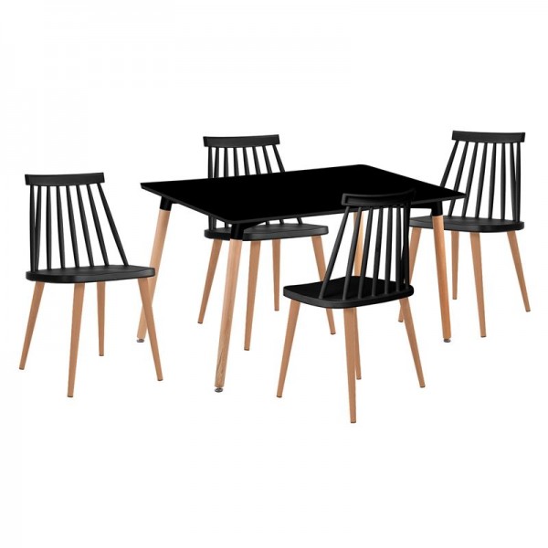 LAVIDA-ART Τραπεζαρία: Τραπέζι 120x80 Οξιά/MDF + 4 Table:120x80x73 Chair:43x48x77 Καρέκλες Μέταλλο Βαφή Φυσικό PP Μαύρο ΕΜ139,2S