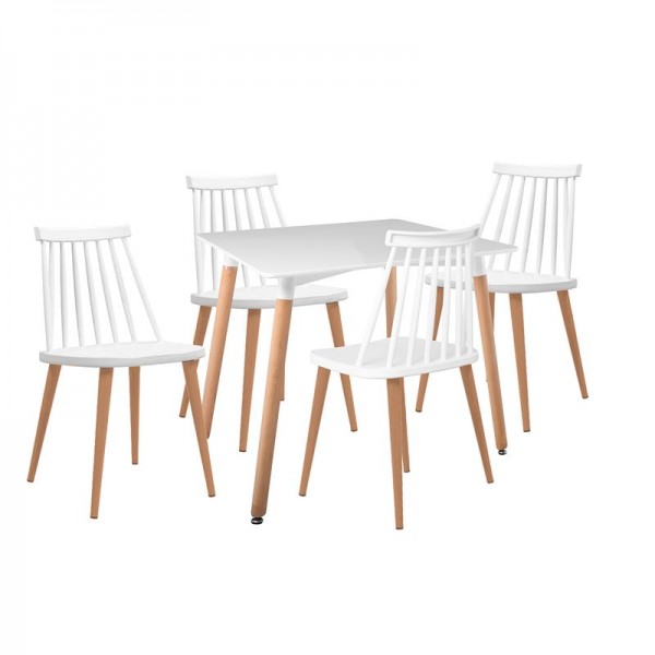 LAVIDA-ART Τραπεζαρία: Τραπέζι 80x80 Οξιά/MDF + 4 Καρέκλες Table:80x80x73 Chair:43x48x77 Μέταλλο Βαφή Φυσικό PP Άσπρο ΕΜ139,1S1