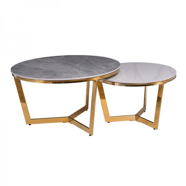 OTTO Set 2 Τραπεζάκια Σαλονιού , Χρώμιο Χρυσό, Φ.80 H.45cm + Φ.60 H.38cm Sintered Stone Grey-White Marble ΕΜ527,S