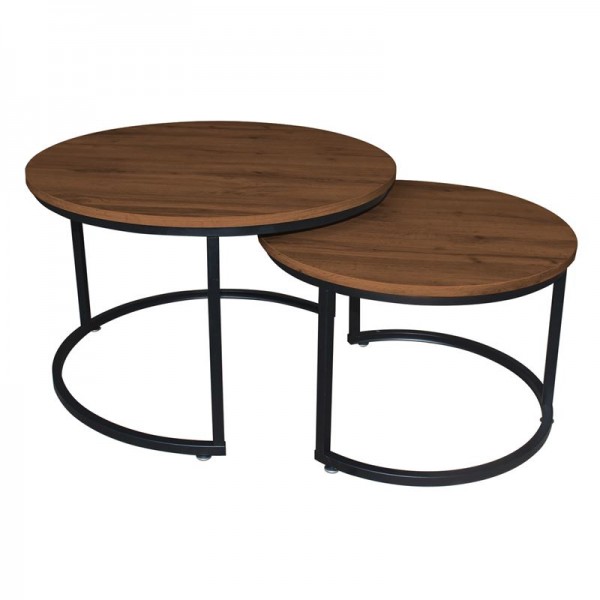 BOZZI Set-2 Τραπεζάκια Σαλονιού-Καθιστικού, Φ.59 H.39cm + Φ.74 H.47cm Μέταλλο Βαφή Μαύρο, Απόχρωση Καρυδί ΕΜ9619,S1