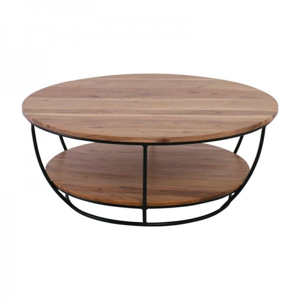 ROY-W Τραπεζάκι Σαλονιού Καθιστικού, Φ90cm H.35cm Μέταλλο Βαφή Μαύρο, Ξύλο Ακακία Φυσικό ΕΑ7075,W