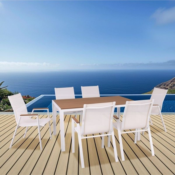 VIRNA Set Τραπεζαρία: Τραπέζι + 6 Πολυθρόνες, Table:150x90x73 Chair:61x56x90 Μέταλλο Βαφή Άσπρο, Polywood Φυσικό Ε6797,2S