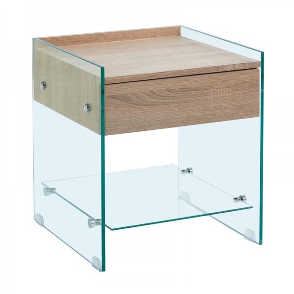 GLASSER Wood Κομοδίνο Διάφανο Γυαλί 45x45x50cm 10mm - με Συρτάρι Απόχρωση Δρυς ΕΜ840,1