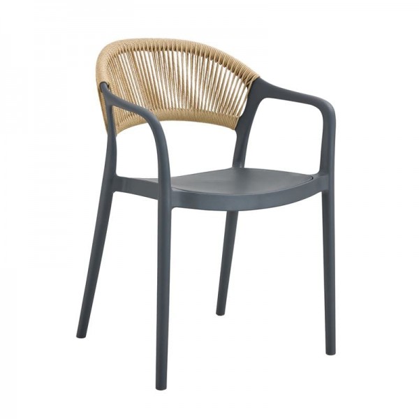 DONNA Πολυθρόνα Στοιβαζόμενη, 56x54x81cm PP-UV Ανθρακί, Rope Wicker Φυσικό Ε3150,4