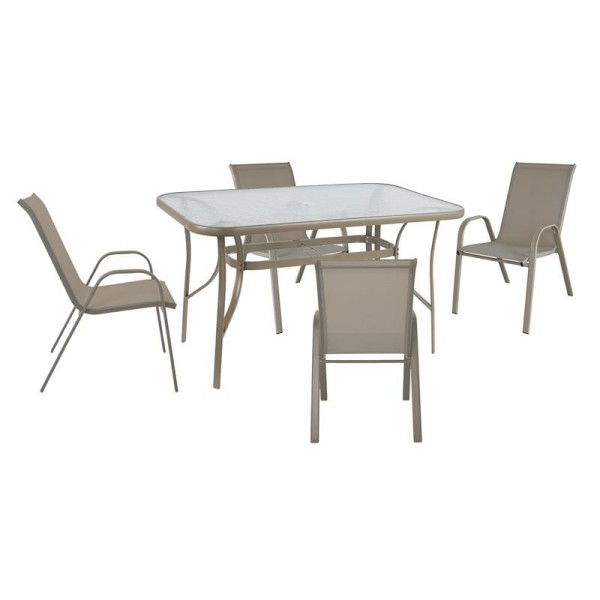 RIO Set Τραπεζαρία Κήπου Μέταλλο Βαφή Μπεζ, Textilene Μπεζ: Τραπέζι + 4 Πολυθρόνες
