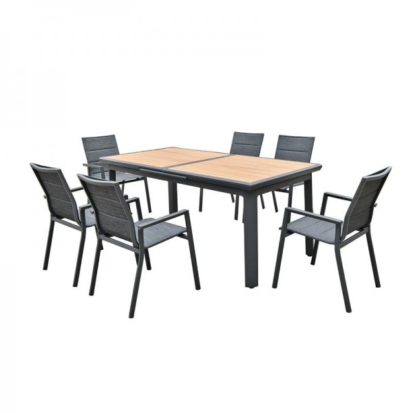 NAPOLI Set Dining ALU Κήπου: 6 Πολυθρόνες + Τραπέζι Επεκτ/νο Μαύρο-Καρυδί-Textilene Ανθρακί Ε6729,1S