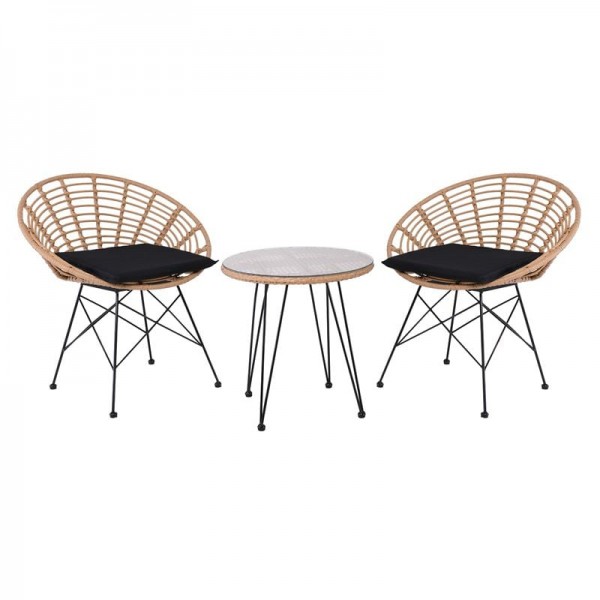 SALSA Coral Coffee Set Κήπου Μέταλλο Μαύρο - Γυαλί - Wicker Φυσικό: Τραπεζάκι+2 Πολυθρόνες