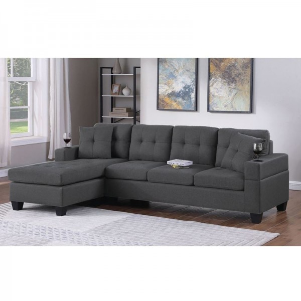 JORDAN Καναπές Σαλονιού Γωνία Αναστρέψιμος, Ύφασμα Γκρι, Μπράτσα με ποτηροθήκες