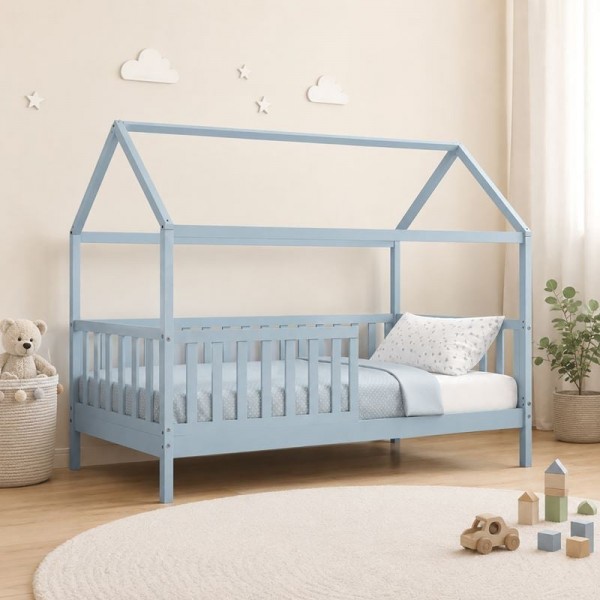DREAM τ.Montessori Παιδικό Κρεβάτι, για Στρώμα 90x190cm, Ξύλο Πεύκου Απόχρωση Γαλάζιο