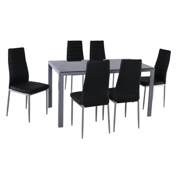 JETTA-DEGO Set Τραπεζαρία: Τραπέζι + 6 Καρέκλες, Μέταλλο Γκρι - Γυαλί Μαύρο - PVC Μαύρο