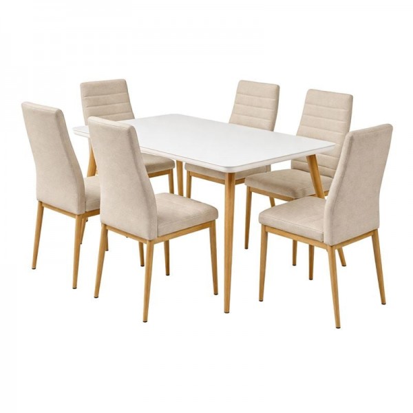 JETTA-UNION Set Τραπεζαρία: Τραπέζι + 6 Καρέκλες, Μέταλλο Βαφή Φυσικό, Ύφασμα Μπεζ