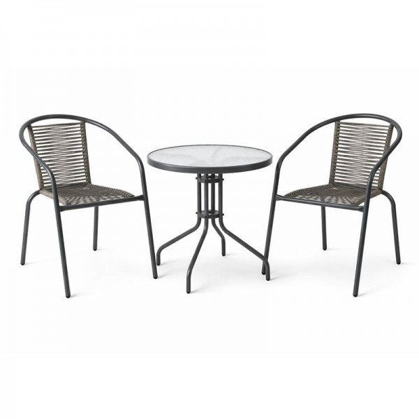 MIKA Set Κήπου - Βεράντας: Τραπέζι + 2 Πολυθρόνες Μέταλλο Βαφή Ανθρακί, PE Rattan Γκρι