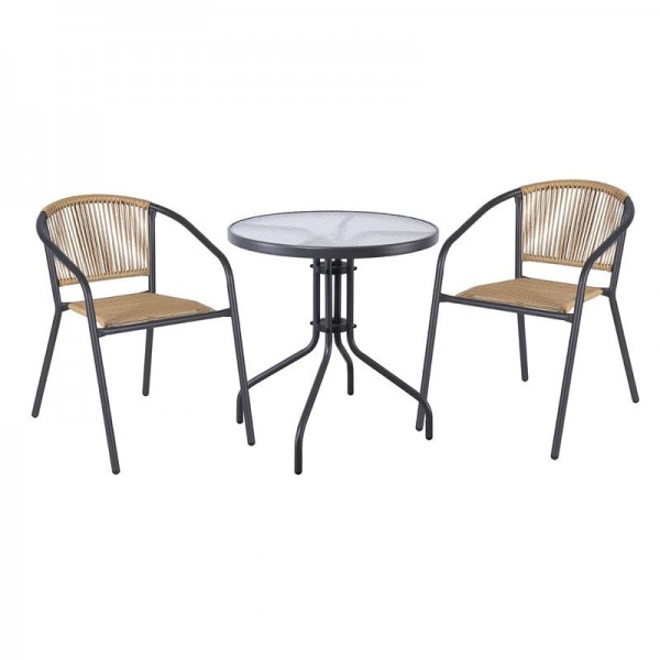 PATTY Set Κήπου - Βεράντας: Τραπέζι + 2 Πολυθρόνες Μέταλλο Βαφή Ανθρακί, PE Rattan Φυσικό