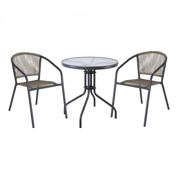 PATTY Set Κήπου - Βεράντας: Τραπέζι + 2 Πολυθρόνες Μέταλλο Βαφή Ανθρακί, PE Rattan Γκρι