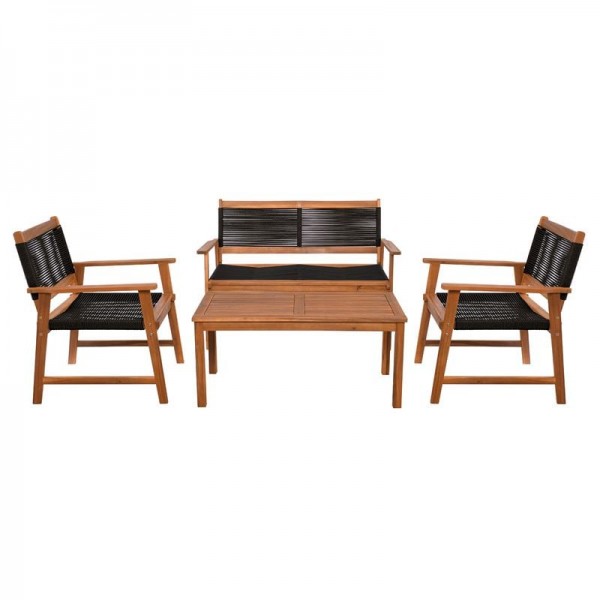 SPRING Set Σαλόνι Κήπου Ακακία Φυσικό, Wicker Μαύρο: Τραπέζι + Καναπέ 2Θέσιο + 2 Πολυθρόνες