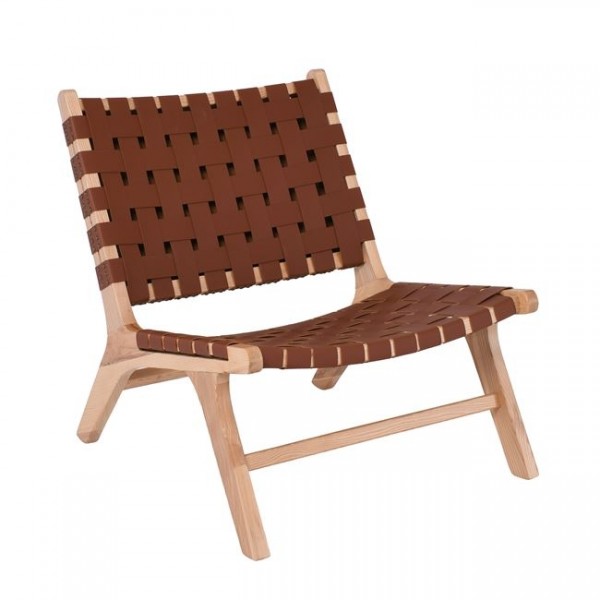 DUNE Lounge Καρέκλα, Ξύλο Απόχρωση Φυσικό, 67x75x74cm Κάθισμα-Πλάτη Ιμάντες Pu Καφέ Ε7516,1