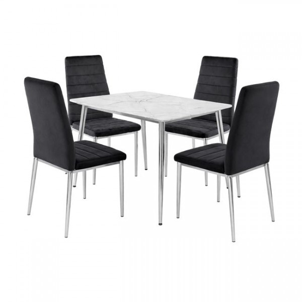 JETTA-OSLO Set Τραπεζαρία: Τραπέζι + 4 Καρέκλες, Χρώμιο - Sintered Stone - Velure Μαύρο