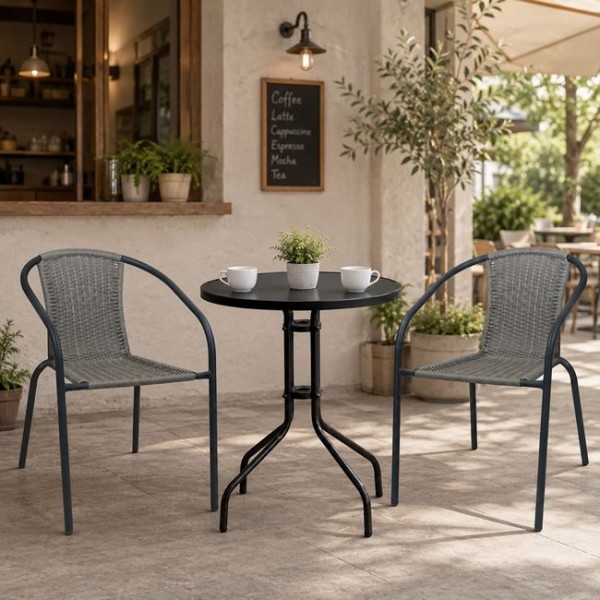 BALENO-W2 Set Κήπου-Βεράντας: Τραπέζι + 2 Πολυθρόνες Μέταλλο Βαφή Μαύρο, Wicker Mixed Grey