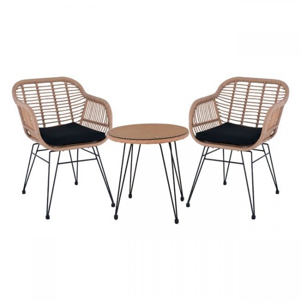 SALSA Set Κήπου: Τραπέζι + 2 Πολυθρόνες Μέταλλο Μαύρο, Wicker Φυσικό, Μαξιλάρι Μαύρο