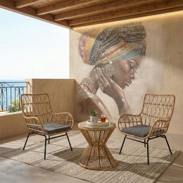 Σαλόνι Naoki-Mabil pakoworld σετ 3τεμ pe rattan σε φυσική απόχρωση με μαύρο μέταλλο