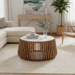 Τραπέζι σαλονιού Mable pakoworld mango ξύλο σε φυσική απόχρωση με επιφάνεια μαρμάρου Φ80x45εκ