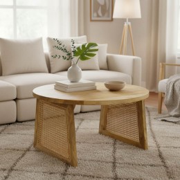 Τραπέζι Tamarind pakoworld ξύλο mango-φυσικό rattan σε φυσική απόχρωση Φ65x40εκ