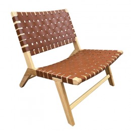 DUNE Lounge Καρέκλα, Ξύλο Απόχρωση Φυσικό, 67x75x74cm Κάθισμα-Πλάτη Ιμάντες Pu Καφέ Ε7516,1