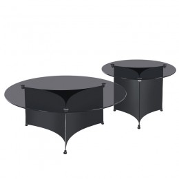 VENET Set 2 Τραπεζάκια Σαλονιού - Καθιστικού, Φ90x32cm + Φ60x40cm Μέταλλο Μαύρο, Γυαλί Clear Black ΕΜ730