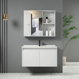 IDEA-1 Set Έπιπλο Κρεμαστό Μπάνιου Άσπρο, Up:55x11x60cm Down:60x47x45cm Καθρέπτης + Πάγκος με Νιπτήρα και Μπαταρία ΕΝ100,1