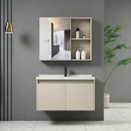 IDEA-1 Set Έπιπλο Κρεμαστό Μπάνιου Cream, Up:55x11x60cm Down:60x47x45cm Καθρέπτης + Πάγκος με Νιπτήρα και Μπαταρία ΕΝ100,2