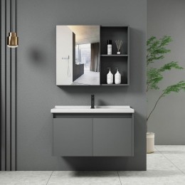 IDEA-1 Set Έπιπλο Κρεμαστό Μπάνιου Γκρι, Up:55x11x60cm Down:60x47x45cm Καθρέπτης + Πάγκος με Νιπτήρα και Μπαταρία ΕΝ100,3