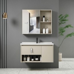 IDEA-2 Set Έπιπλο Κρεμαστό Μπάνιου Cream, Up:55x11x60cm Down:60x47x45cm Καθρέπτης + Πάγκος με Νιπτήρα και Μπαταρία ΕΝ101,2