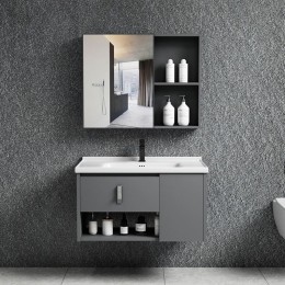 IDEA-2 Set Έπιπλο Κρεμαστό Μπάνιου Γκρι, Up:55x11x60cm Down:60x47x45cm Καθρέπτης + Πάγκος με Νιπτήρα και Μπαταρία ΕΝ101,3