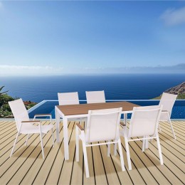 VIRNA Set Τραπεζαρία: Τραπέζι + 6 Πολυθρόνες, Table:150x90x73 Chair:61x56x90 Μέταλλο Βαφή Άσπρο, Polywood Φυσικό Ε6797,2S