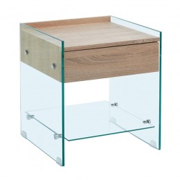 GLASSER Wood Κομοδίνο Διάφανο Γυαλί 45x45x50cm 10mm - με Συρτάρι Απόχρωση Δρυς ΕΜ840,1