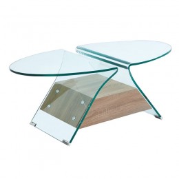 GLASSER Wood Τραπεζάκι Σαλονιού Oval, 100x54x39cm Διάφανο Γυαλί 12mm, Ράφι Απόχρωση Δρυς ΕΜ721,1